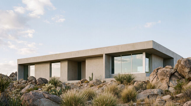 Modern minimalist desert house with concrete facade and large windows.