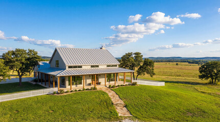 Obraz premium Charming modern farmhouse with wrap around porch and metal roof.
