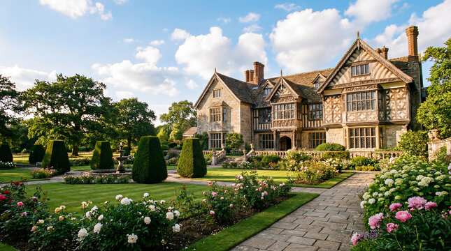 A beautiful historic Tudor style manor house with manicured gardens.