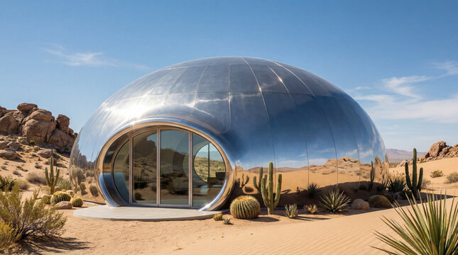 Futuristic silver dome house in desert landscape.