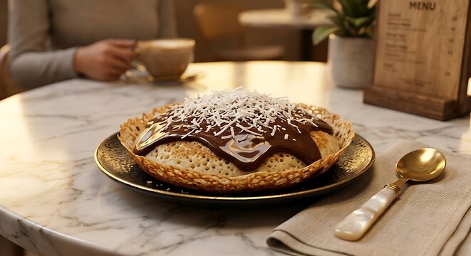 Delicious Serabi Pancake with Chocolate Sauce and Grated Coconut