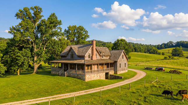 Rustic farmhouse with wrap around porch in rural landscape.