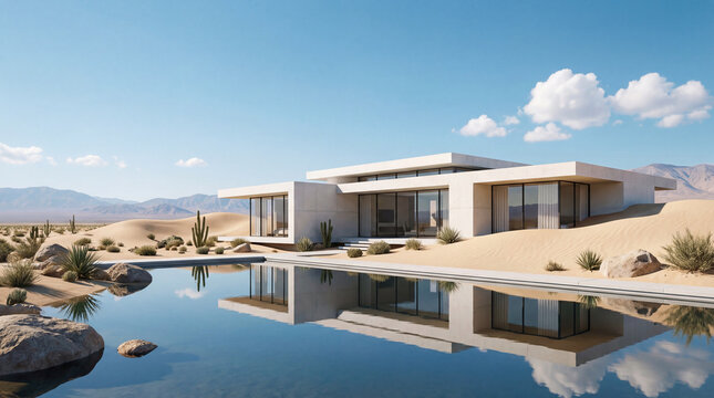 Modern minimalist luxury villa with a reflective swimming pool in a desert landscape.