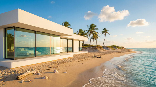 Modern luxury beachfront villa with glass walls.