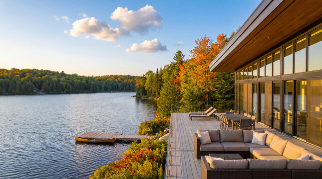 Modern luxury lakefront patio with outdoor lounge furniture.