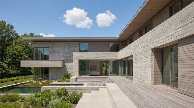 Modern luxury home architecture with stone exterior and swimming pool.