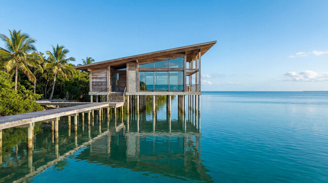 Modern tropical stilt house over calm turquoise water.