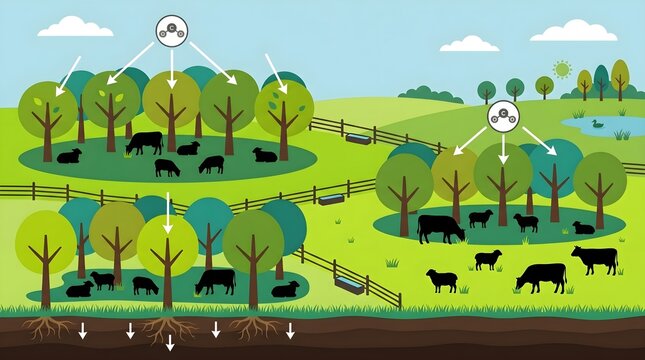 Silvopasture agroforestry system illustration, sustainable livestock farming with carbon sequestration, regenerative agriculture infographic with cows and sheep