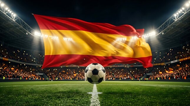 spanish soccer flag waving over stadium field