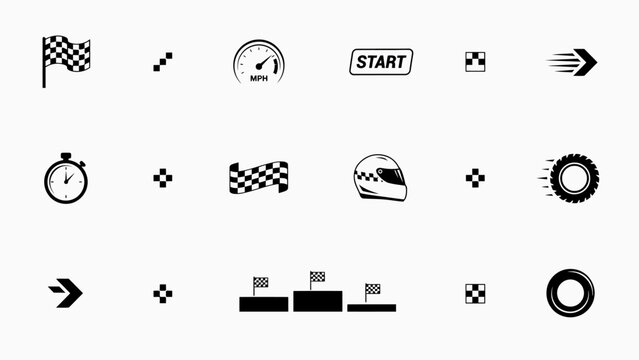 Flat racing car icons set with speedometer and checkered flags