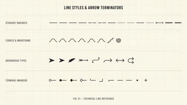 Set of various line styles and arrow terminators for technical and infographic design