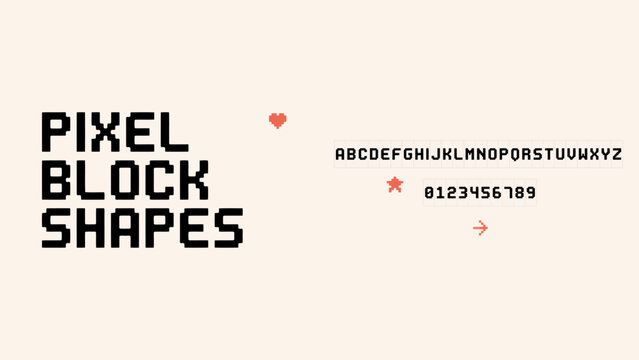Pixel block letters and numbers set with retro style icons