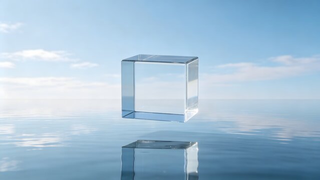 Glass cube floating above water