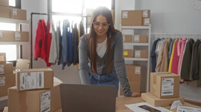 Woman brunette smiles and leans on desk over laptop with shipping boxes and clothing racks in a studio; small business confidence.