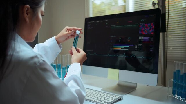 Young Asian woman researcher in a white lab coat meticulously examining blue chemical samples in test tubes while analyzing data on a computer