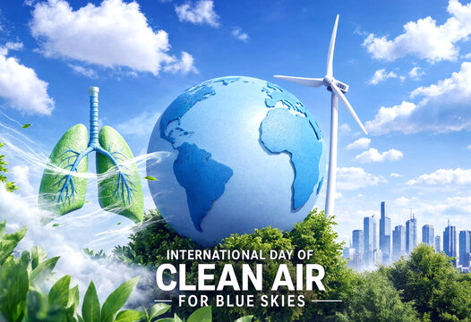 Beautiful illustration of clean air day with globe lungs and wind turbine for environmental awareness
