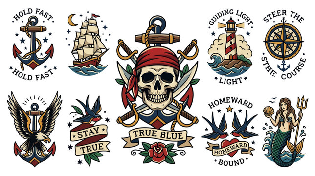 Nautical Tattoo Flash Set: Pirate Skull, Anchor, Eagle, Ship, Mermaid, Lighthouse