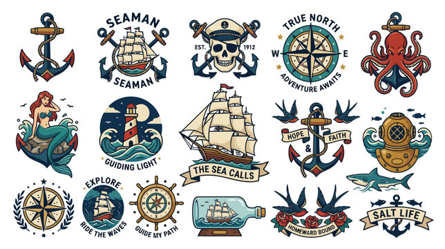 Nautical Tattoo Style Icons: Ships, Anchors, Compass, Mermaid, Octopus, Skull