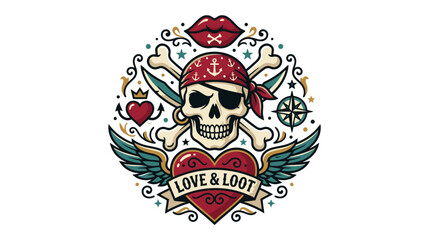 Fototapeta premium Pirate Skull Tattoo Design: Love & Loot With Crossed Bones