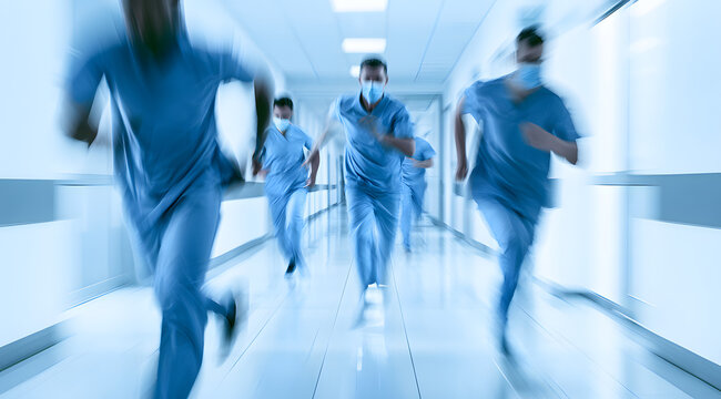 Motion-blurred medical professionals wearing blue scrubs walked hurriedly down a bright hospital corridor, responding quickly to an incoming critical patient emergency situation