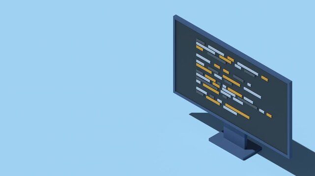 3D isometric monitor animation. Software programming coding concept. Code on computer monitor. Isometric technology. 4K video animated in isometric style