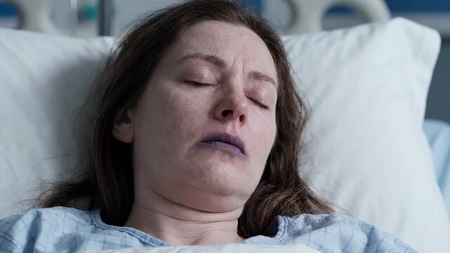 Sick Woman in Hospital Bed with Anemia Symptoms - Close-up of a woman lying in a hospital bed with her eyes closed.