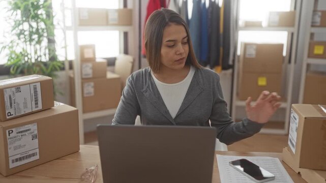Woman typing on laptop and reaching with right hand to pick up cardboard box at a packing desk in a building; small business focus.