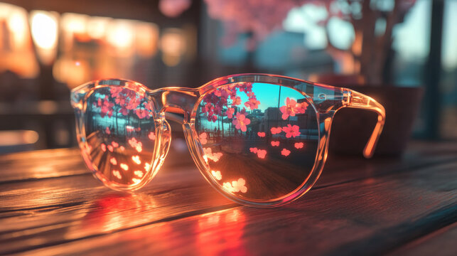 Transparent sunglasses on a wooden table reflecting blooming pink cherry blossoms under a warm sunset