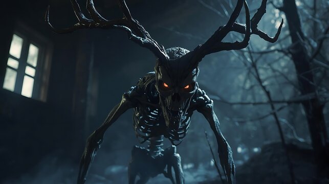 Slenderman type figure in a dark scary forest