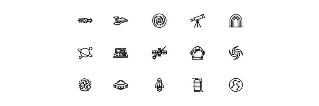 Space Icons Featuring Rockets, Telescopes, and Galaxies for Interstellar Travel Concepts Featuring Astronomy, Stars, Planets