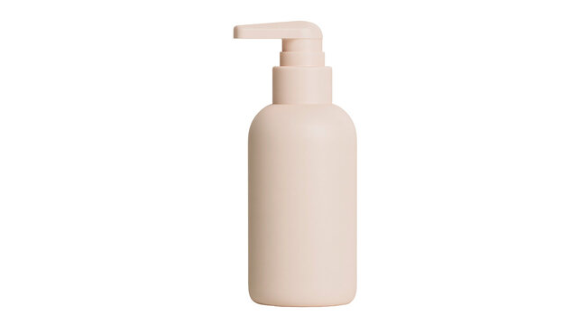 Minimalist beige plastic pump bottle for cosmetic liquids, isolated on transparent background