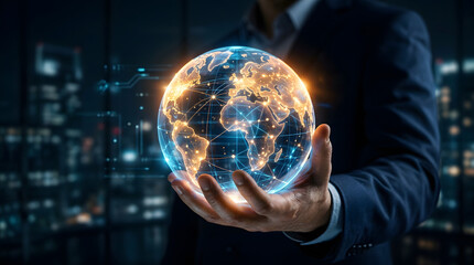 Fototapeta premium Businessman holding glowing digital globe with city lights in background.