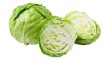 Obraz premium Fresh green cabbage one whole and two halves, isolated on transparent background