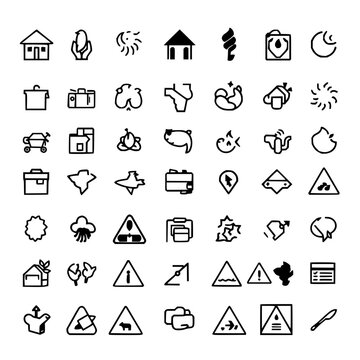 Icons set with an 8x8 grid of 64 minimalist black and white symbols featuring household items, weather conditions, safety signs with precision lines and symmetrical layout
