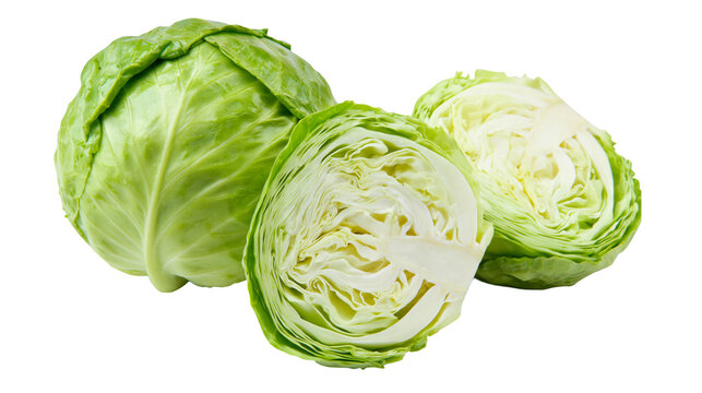 Fresh green cabbage one whole and two halves, isolated on transparent background