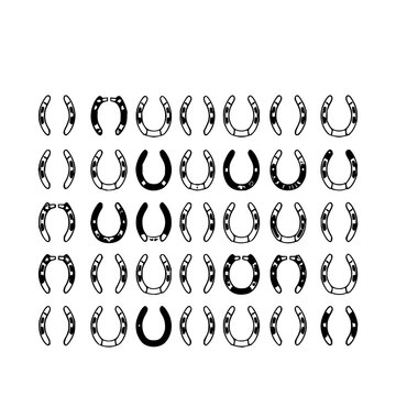 Collection of 24 distinct horseshoes arranged in a 6x4 grid, each with unique designs and patterns, set against a plain white background. The horseshoes are depicted in a black and white vector ill...