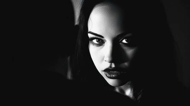 Close-up black and white portrait of a woman with dark hair, striking eyes, and bold lips, softly lit against a dark background.