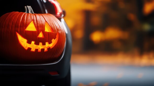 A glowing carved Halloween pumpkin with a smiling face sits atop a dark vehicle against a softly blurred warm-toned background.