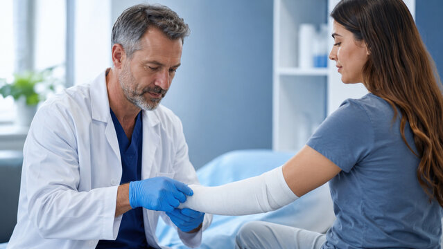 Doctor applying arm bandage in clinic