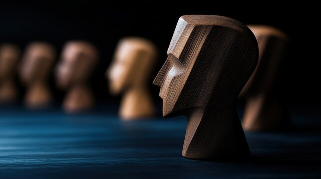 A sharply focused dark wooden carved head sculpture stands out against a blurred background of lighter wooden sculptures on a blue surface.