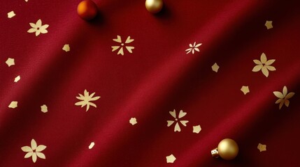Fototapeta premium A red fabric adorned with gold floral and star patterns, paired with gold and orange Christmas baubles.