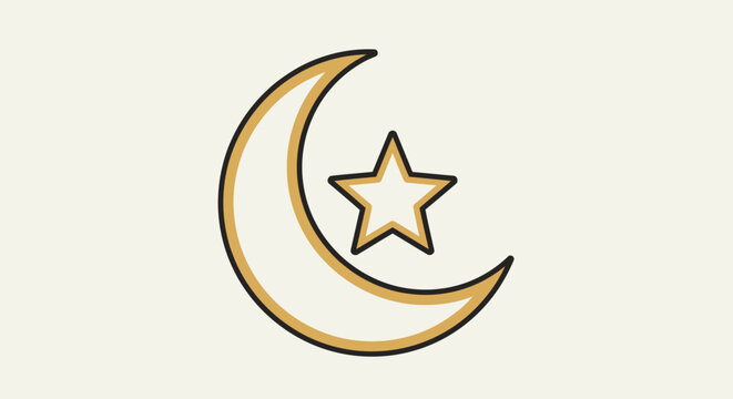 A crescent moon and star shine brightly in the night sky.