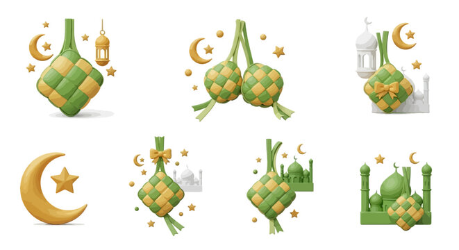 Eid Mubarak decorations with ketupat and crescent moon illustrations