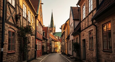 Obraz premium Quaint Historic Cobblestone Street Lined with Timber Houses at Sunset in Old Town