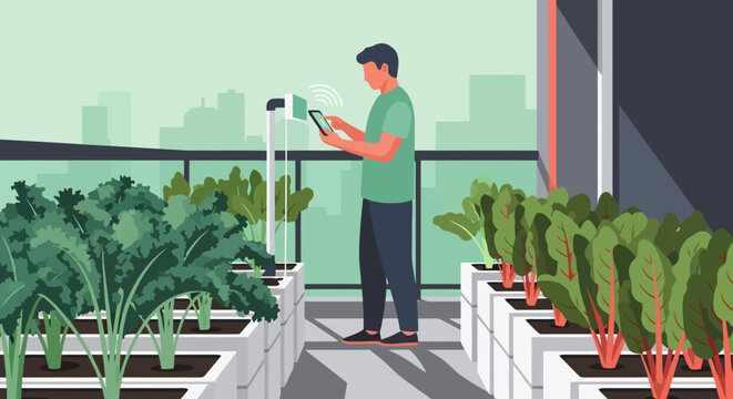 Rooftop vegetable garden with smart monitoring system in a city