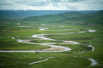 Telephoto Tele-Lens Abstract of Manzetang Wetland: Meandering Braided Rivers in Zoige Grassland © why2husky