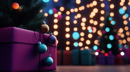 Fototapeta premium A close-up of a purple gift box adorned with Christmas ornaments and a tree branch, set against a backdrop of softly blurred festive lights and colorful gifts.