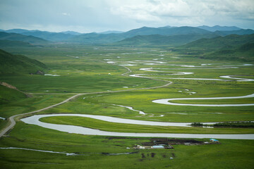 Telephoto Tele-Lens Abstract of Manzetang Wetland: Meandering Braided Rivers in Zoige Grassland © why2husky