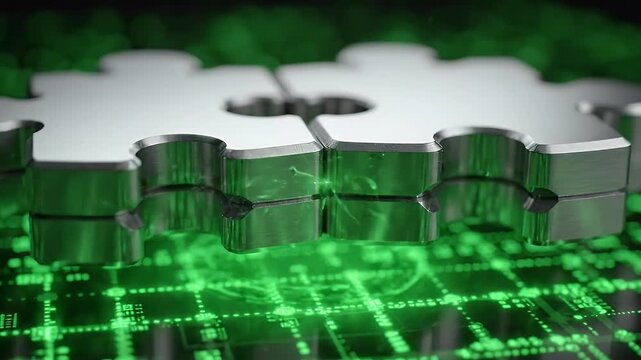 Titanium Puzzle Pieces Connecting with Green Digital Grid Background - Close-up view of two metallic puzzle pieces interlocking, symbolizing connection and solutions.
