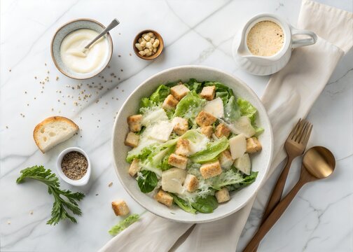 Fresh caesar salad in a ceramic bowl with croutons and creamy dressing on a marble table